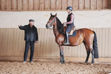 Kathi Stec auf einer Lusitano Stute, Manuel Jorge Oliveira gibt Reitunterricht in der Reithalle.