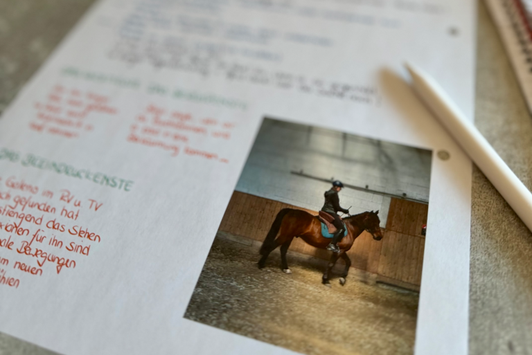 Handschriftliche Ausarbeitung von Schulungsmaterialien mit Bild von Pferd und Reiter in einem Stall neben einem Stift.