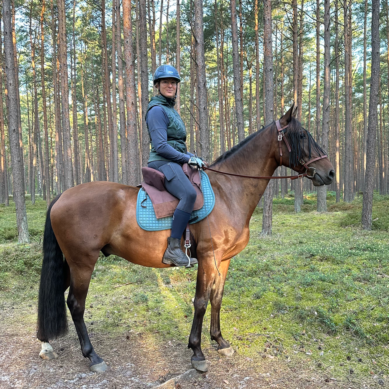 Kathi Stec auf ihrem braunem Pferd im Wald, umgeben von hohen Bäumen.